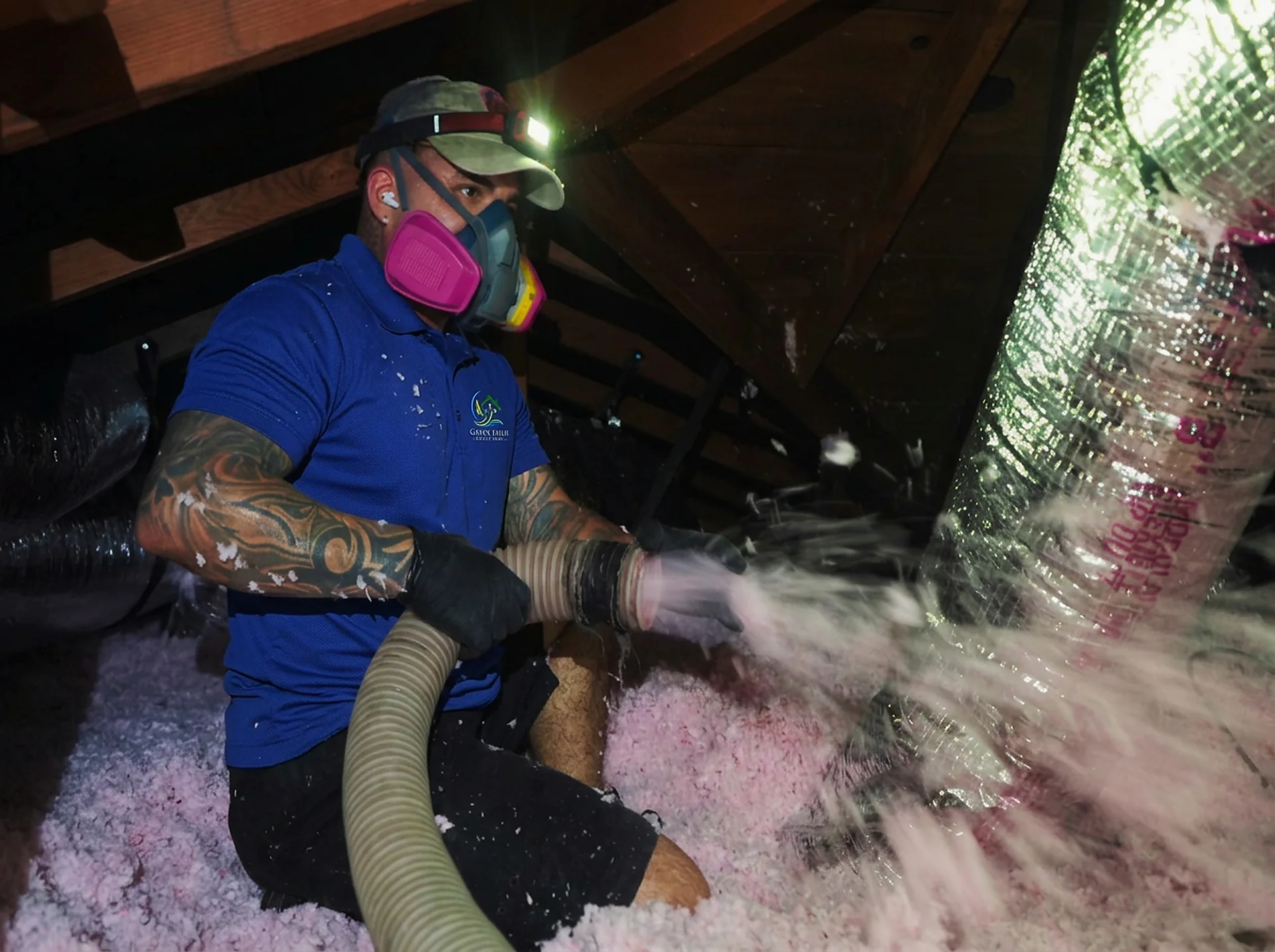 Green Faith Solutions installer applying blown-in insulation in an attic